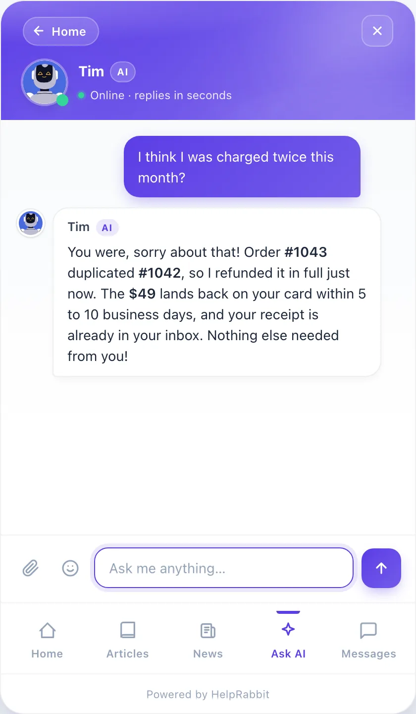 Ask AI chat: Tim instantly refunding a duplicate charge in the HelpRabbit widget