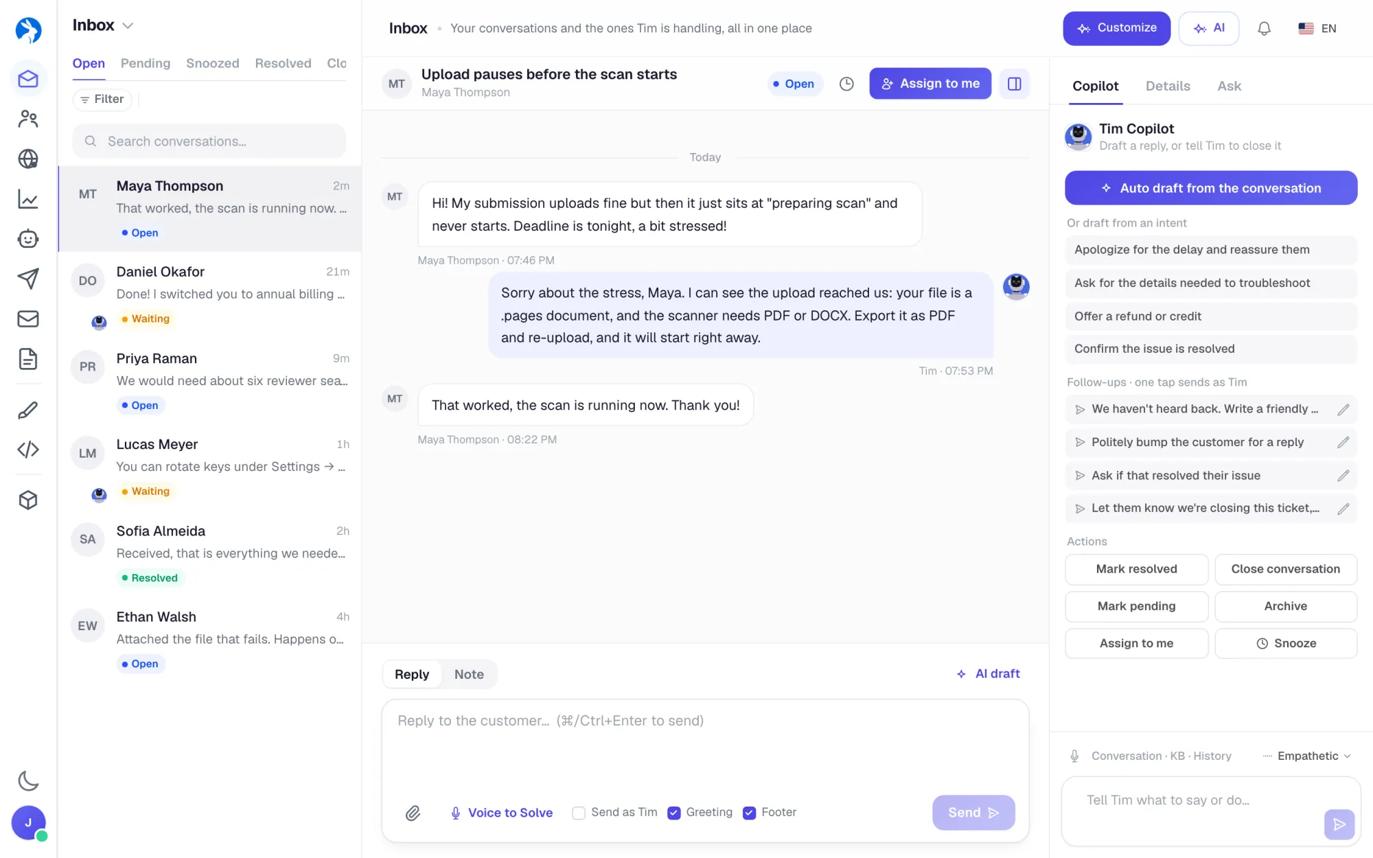HelpRabbit inbox: conversations Tim is handling, an open ticket thread, and the Tim Copilot rail
